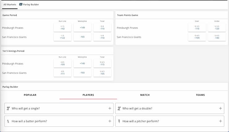 An image from BetOnline of prop bets on an MLB game, showing the answer to the question: what are prop bets?